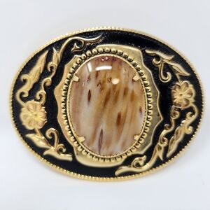 Western Style Polished Stone And Gold Tone Floral Embossed Belt Buckle
